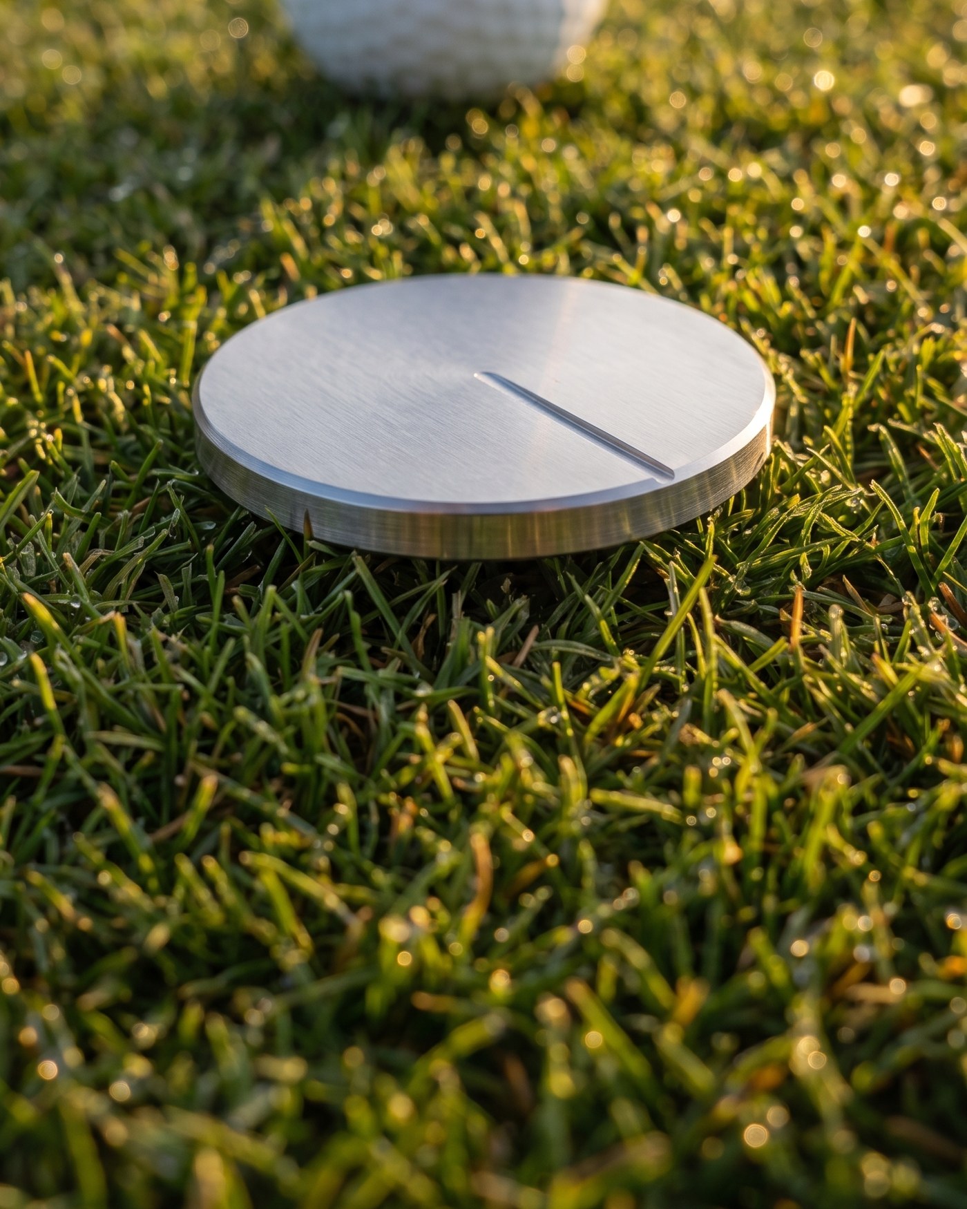 Low-profile stainless ball marker set in the green beside a golf ball