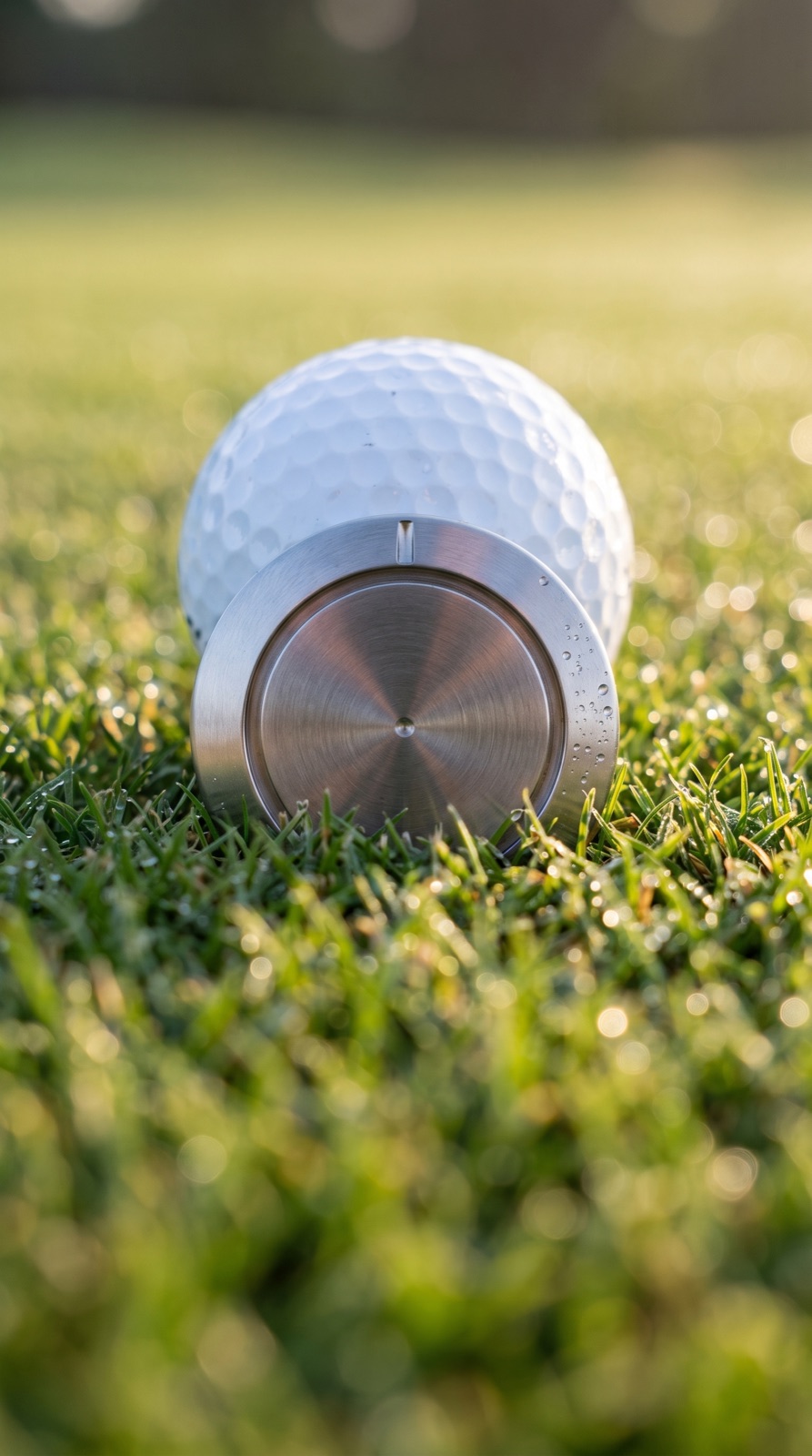 Low-profile stainless ball marker set in the green beside a golf ball